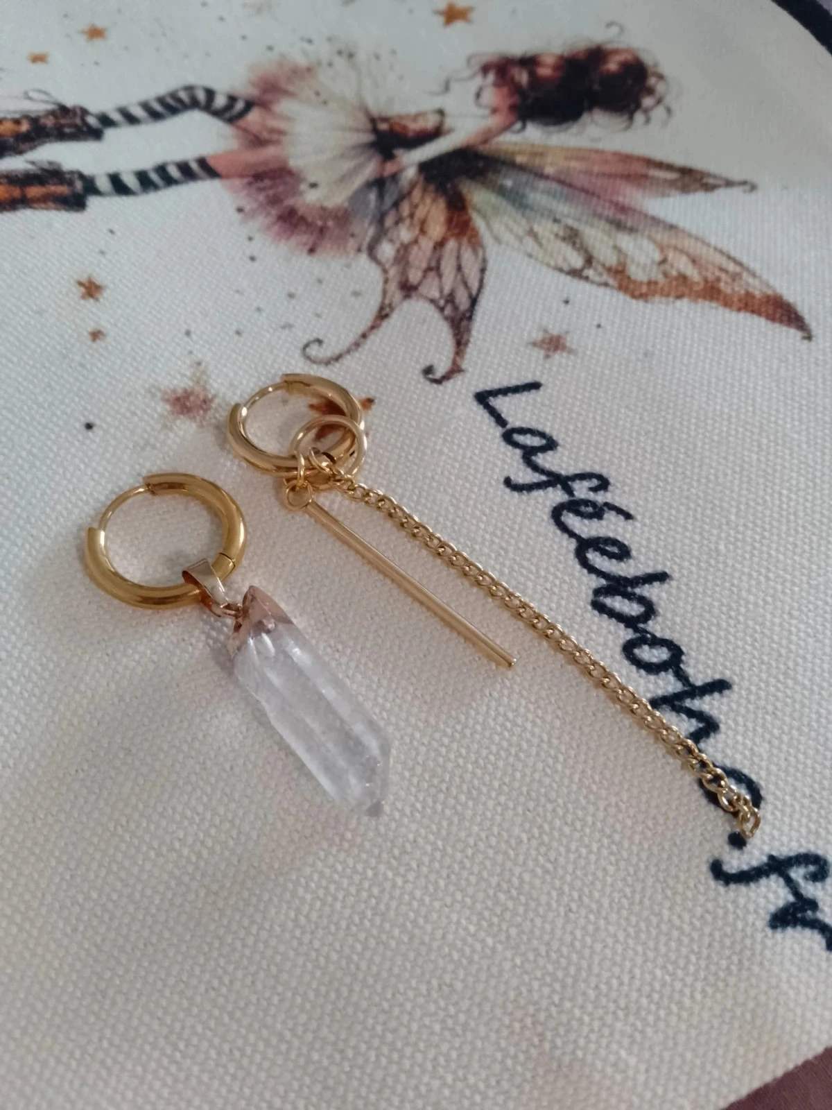 Brincos boêmios assimétricos de pedra natural cristal de rocha – photo 3